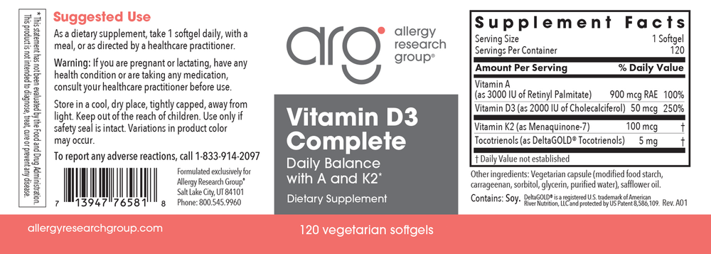 Allergy Research Group - Vitamin D3 Complete 2000 IU with A and K2