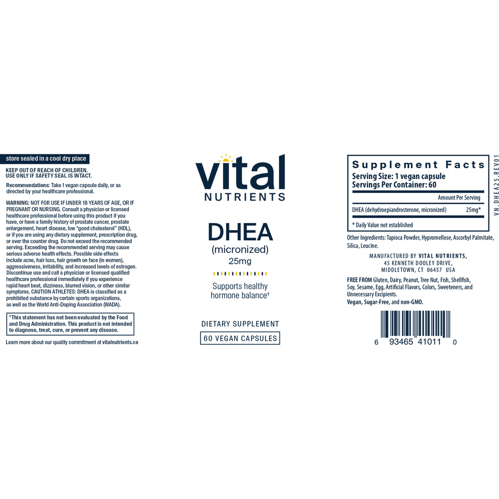Vital Nutrients DHEA (Micronized) 25mg – Hormonal Support & Endocrine Health, 60 Capsules